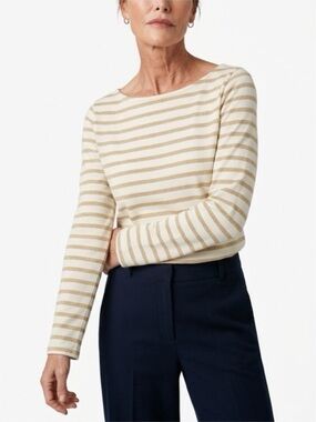 Talbots - Metallic Beige & White Striped Boatneck Top - Cotton - Size Large